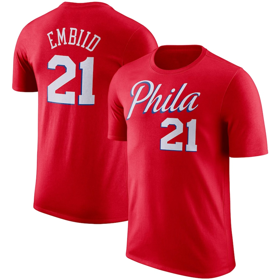T-shirt de performance avec nom et numéro pour hommes des Philadelphia 76ers Joel Embiid Nike Red Statement Edition