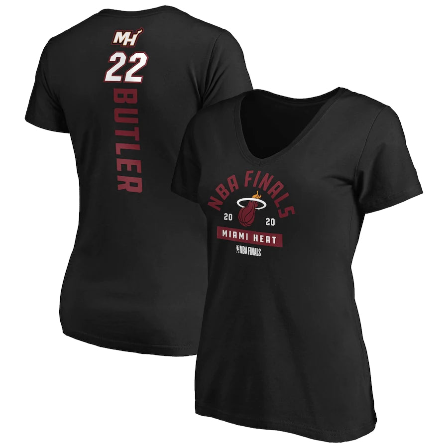 T-shirt à col en V avec nom et numéro reliés par Miami Heat pour femmes de marque Jimmy Butler Fanatics noir 2020 NBA Finals