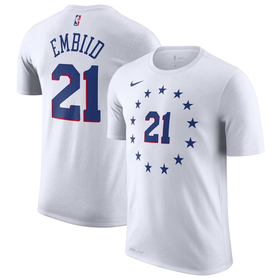 T-shirt de performance avec nom et numéro Nike pour hommes des Philadelphia 76ers Joel Embiid Nike Statement Edition