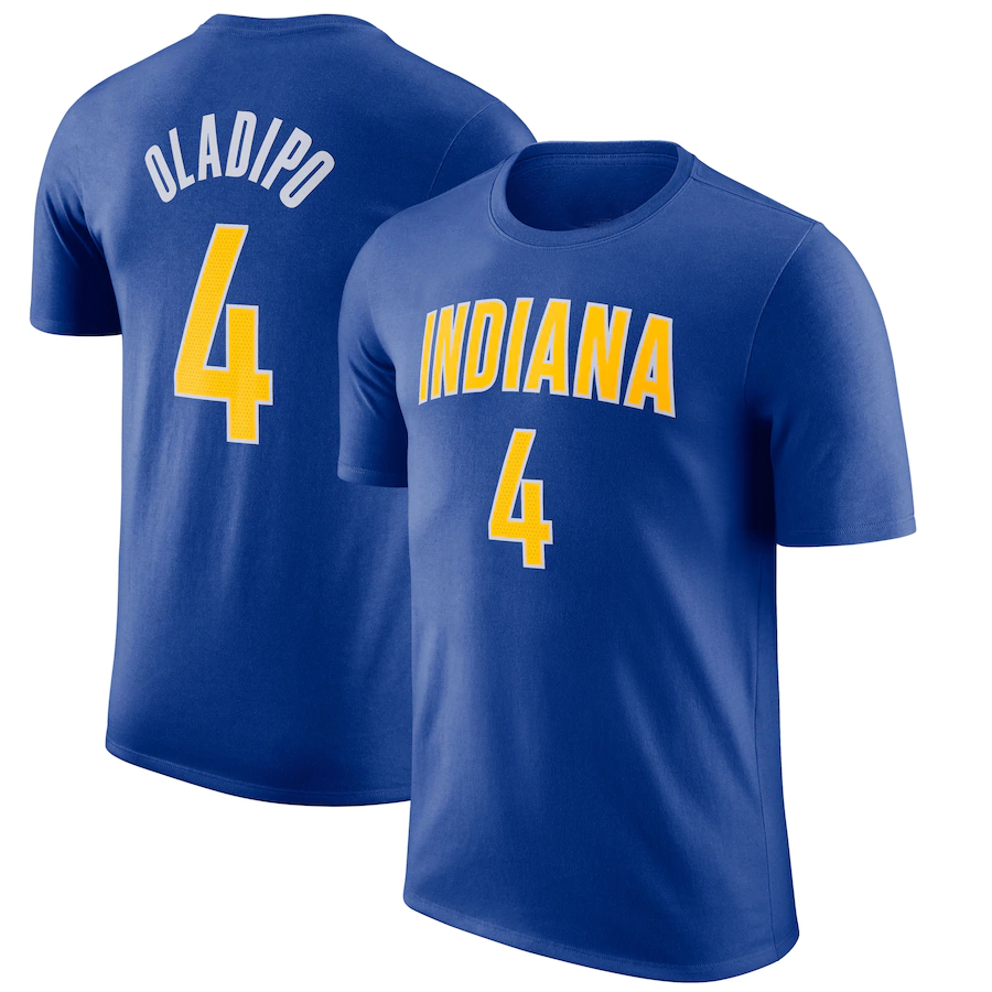T-shirt Nike pour homme Indiana Pacers Victor Oladipo City Edition Bleu Nom et numéro 4