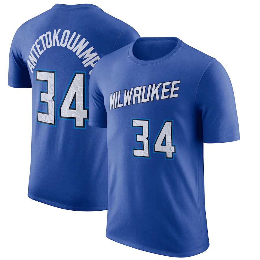 Nike Men's Cotton T-Shirt Milwaukee Bucks Giannis Antetokounmpo #34 Blue