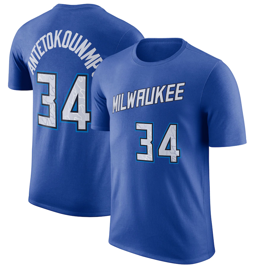 Nike T-shirt en coton pour homme Milwaukee Bucks Giannis Antetokounmpo #34 Bleu