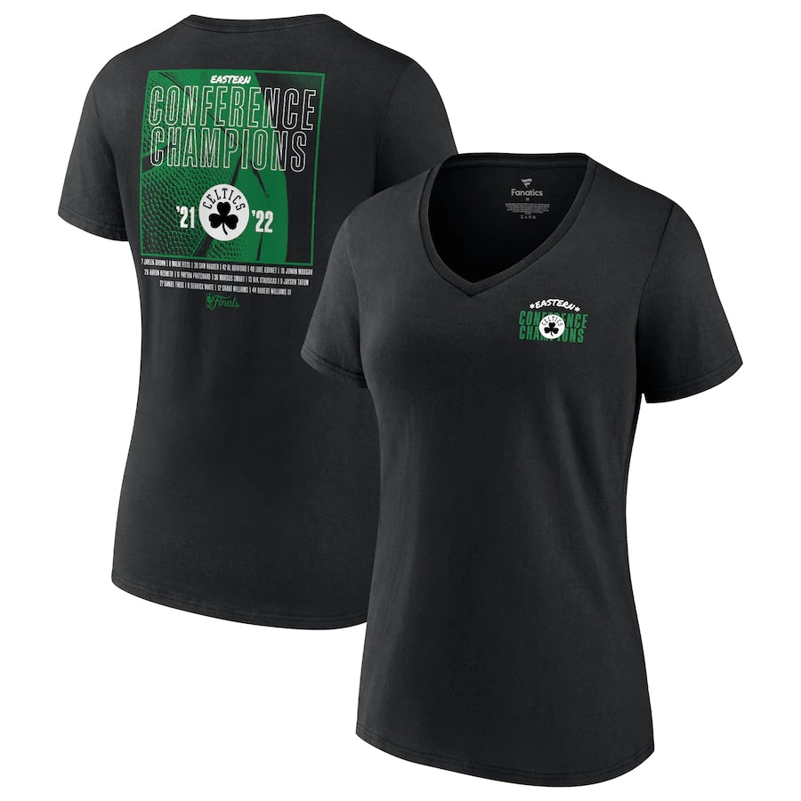 Boston Celtics Fanatics Branded T-shirt à col en V pour femmes, champions de la Conférence Est 2022, Balanced Attack Roster
