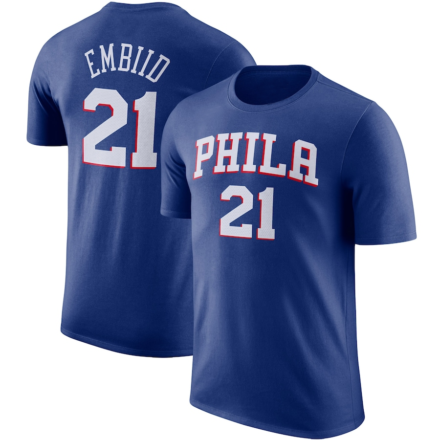 T-shirt de performance avec nom et numéro pour hommes des Philadelphia 76ers Joel Embiid Nike bleu foncé Statement Edition