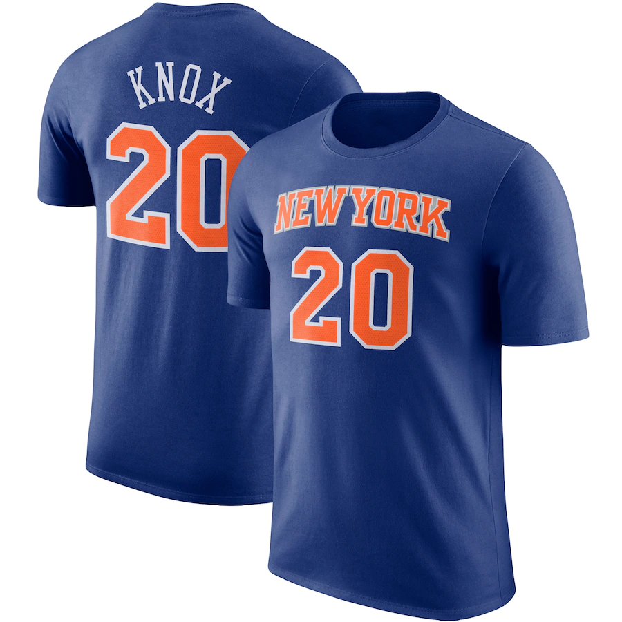 T-shirt Nike Kevin Knox pour hommes, bleu, nom et numéro du joueur des New York Knicks, performance # 20