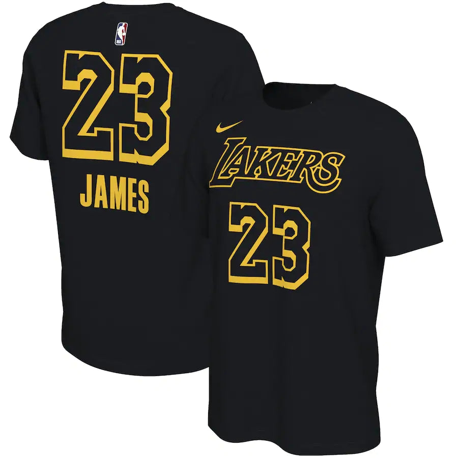 T-shirt noir avec nom et numéro de redémarrage pour hommes des Los Angeles Lakers LeBron James Nike